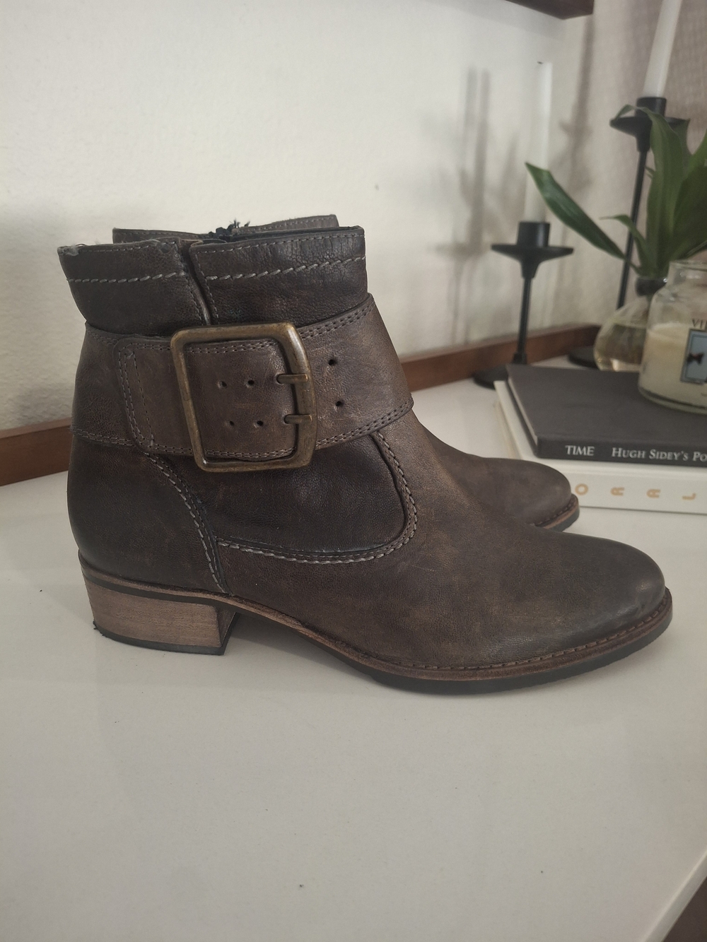 Paul Green Dark Green Leather Ankle Boots with Buckle